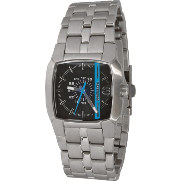 ? DIESEL Blue Stripe Black Dial Silver Watch NEW